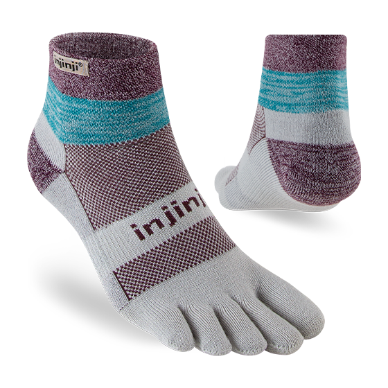 Trail Midweight Mini-Crew - Unisex by Injinji in purple, turquoise, and white cushioned toesocks for trail running and hiking comfort and support