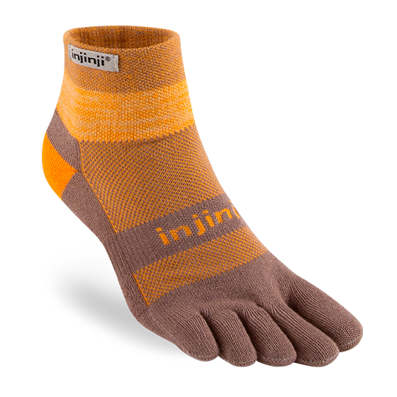 Trail Midweight Mini-Crew - Unisex by Injinji in brown and orange, cushioned toesock for comfort, protection, and agility on uneven trails