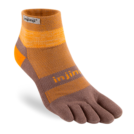 Trail Midweight Mini-Crew - Unisex by Injinji in brown and orange, cushioned toesock for comfort, protection, and agility on uneven trails