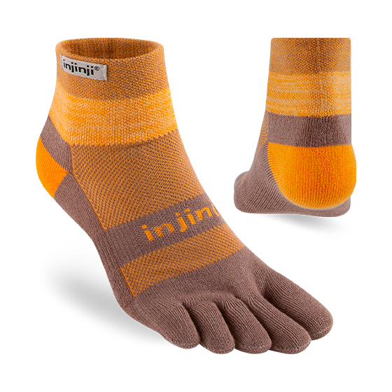 Trail Midweight Mini-Crew - Unisex by Injinji in orange and brown cushioned toesock for women, designed for running and hiking on uneven trails