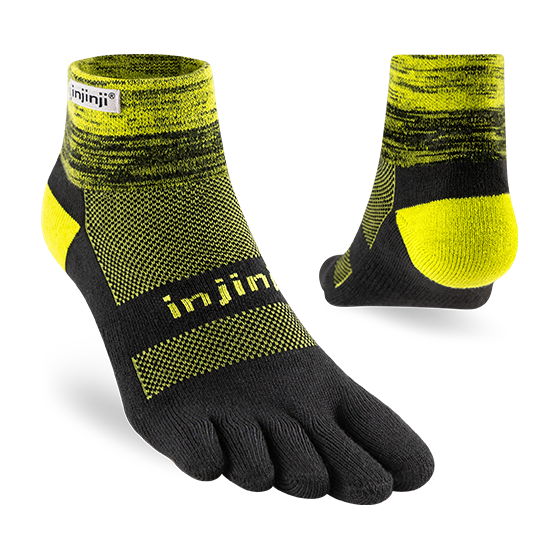 Trail Midweight Mini-Crew - Unisex by Injinji in black and yellow, cushioned toesock for trail running and hiking comfort and support