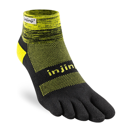 Trail Midweight Mini-Crew - Unisex by Injinji in black and yellow cushioned toesock for trail running and hiking with support on uneven terrain