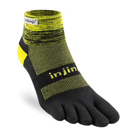 Trail Midweight Mini-Crew - Unisex by Injinji in black and yellow cushioned toesock for trail running and hiking with support on uneven terrain