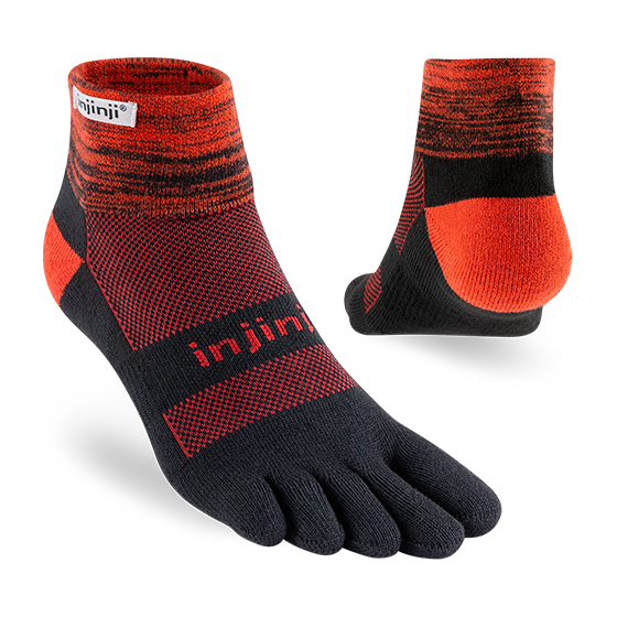 Trail Midweight Mini-Crew - Unisex by Injinji in black and red, cushioned toesock for support and comfort on uneven trails, ideal for running and hiking