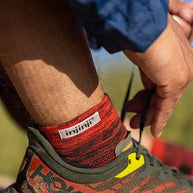 Trail Midweight Mini-Crew - Unisex by Injinji in red and black, cushioned toesock for trail running and hiking comfort and support