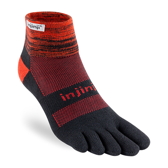Trail Midweight Mini-Crew - Unisex by Injinji in black and red, cushioned toesock for comfort, agility, and support on uneven trails.
