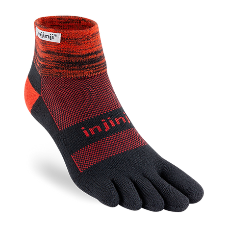 Trail Midweight Mini-Crew - Unisex by Injinji in black and red, cushioned toesock for comfort, agility, and support on uneven trails.