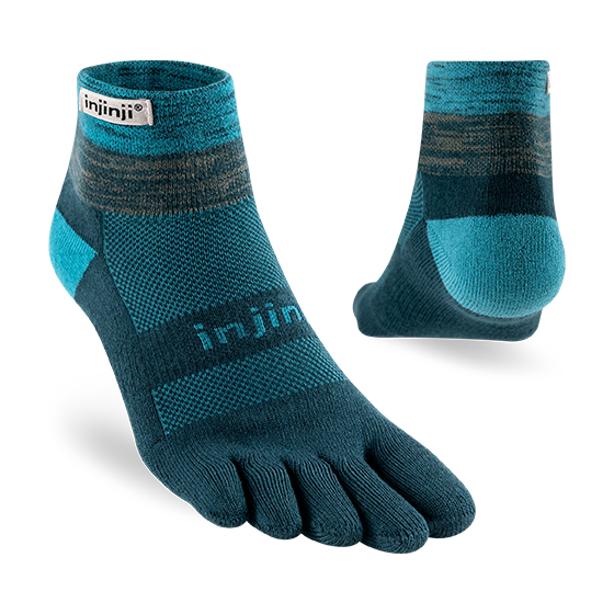 Trail Midweight Mini-Crew - Unisex by Injinji in blue and dark teal, cushioned toesock for running and hiking on uneven trails