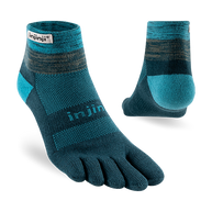 Trail Midweight Mini-Crew - Unisex by Injinji in blue and dark teal, cushioned toesock for running and hiking on uneven trails