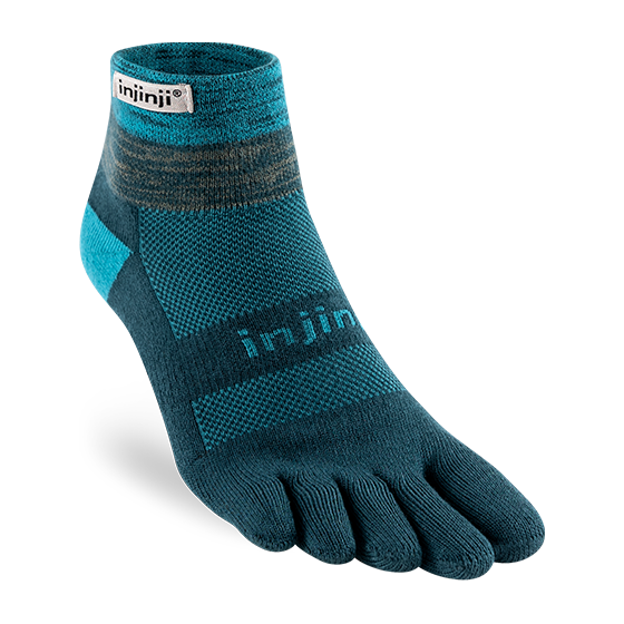Trail Midweight Mini-Crew - Unisex by Injinji in teal and dark grey cushioned toesock designed for running and hiking on uneven trails with support and agility