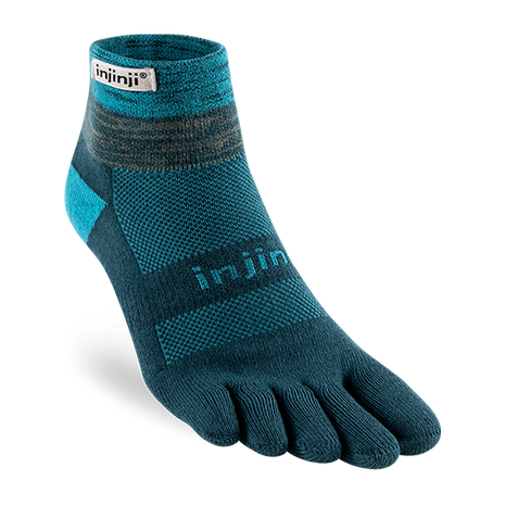 Trail Midweight Mini-Crew - Unisex by Injinji in teal and dark grey cushioned toesock designed for running and hiking on uneven trails with support and agility
