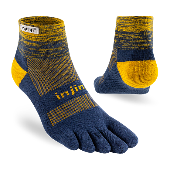 Trail Midweight Mini-Crew - Unisex by Injinji in navy blue and yellow, cushioned toesock designed for running and hiking on uneven trails