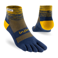 Trail Midweight Mini-Crew - Unisex by Injinji in navy blue and yellow, cushioned toesock designed for running and hiking on uneven trails
