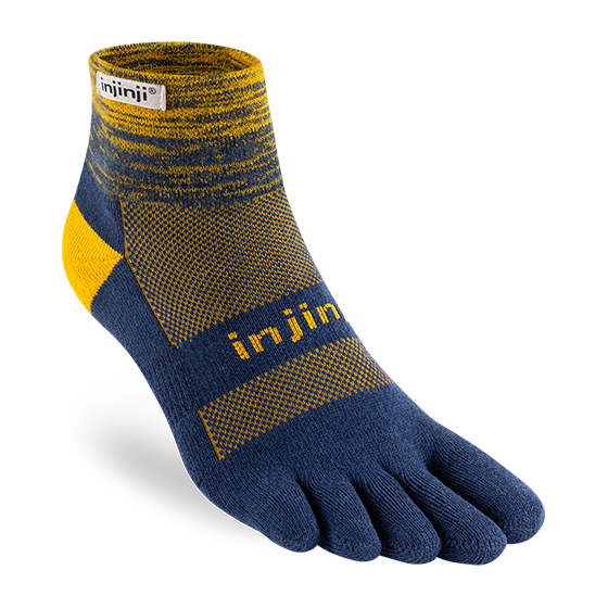 Trail Midweight Mini-Crew - Unisex by Injinji in navy and yellow cushioned toesock for running and hiking on uneven trails with support and comfort
