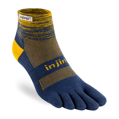 Trail Midweight Mini-Crew - Unisex by Injinji in navy and yellow cushioned toesock for running and hiking on uneven trails with support and comfort