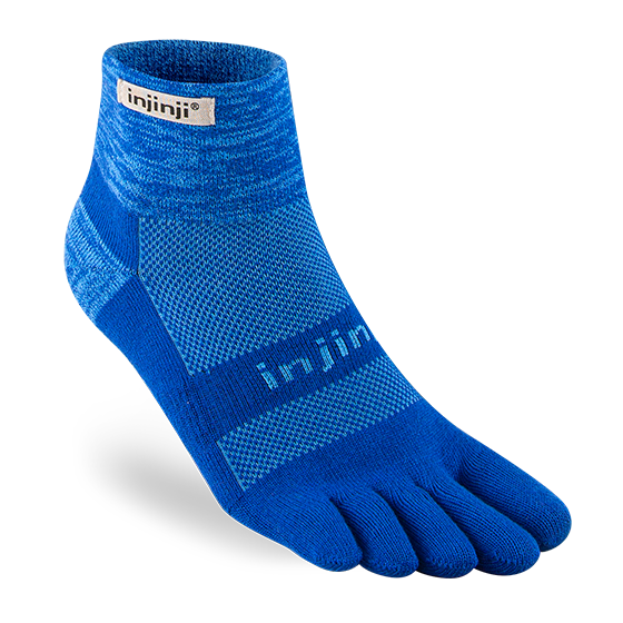 Trail Midweight Mini-Crew - Unisex by Injinji in blue cushioned toesock for trail running and hiking on uneven terrain with support and comfort