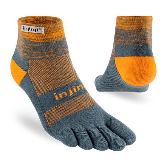Trail Midweight Mini-Crew - Unisex by Injinji in grey and orange lightweight cushioned toesock for comfort and support on uneven trails