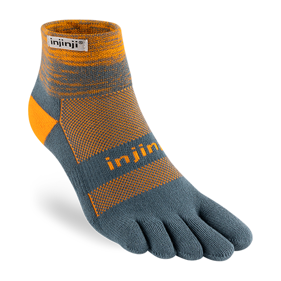 Trail Midweight Mini-Crew - Unisex by Injinji in grey and orange, cushioned toesock for running and hiking on uneven trails with support and agility