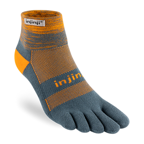 Trail Midweight Mini-Crew - Unisex by Injinji in grey and orange, cushioned toesock for running and hiking on uneven trails with support and agility