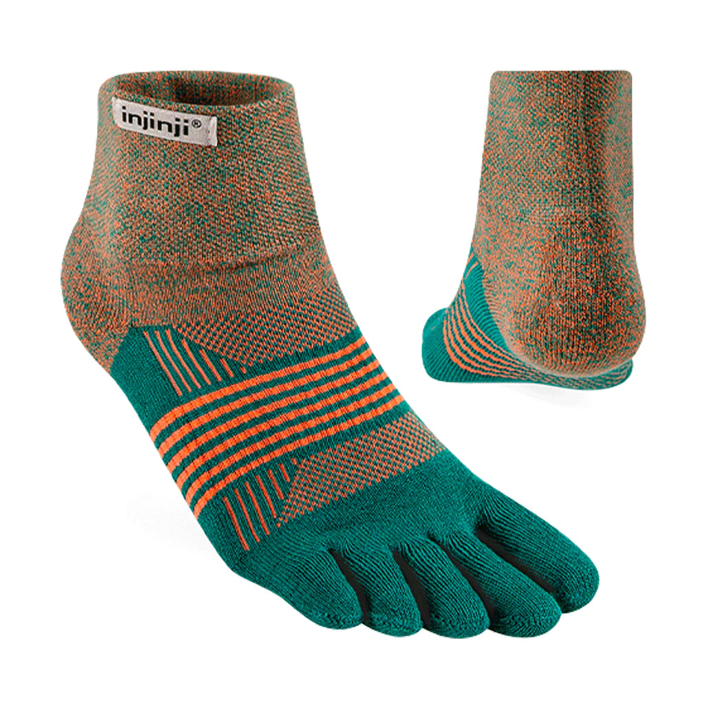 Trail Midweight Mini-Crew - Women by Injinji in green and orange cushioned toesock for running and hiking on uneven trails with support and comfort