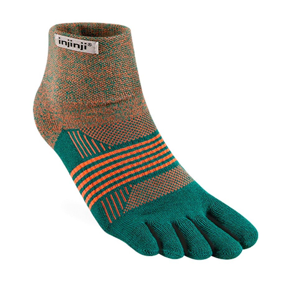 Trail Midweight Mini-Crew - Women by Injinji in green and orange cushioned toesock for running and hiking on uneven trails