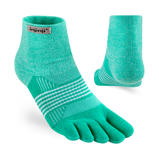 Trail Midweight Mini-Crew - Women by Injinji in turquoise, cushioned toesock for comfort, support, and agility on uneven trails