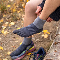 Trail Midweight Mini-Crew - Women by Injinji in grey toesocks with cushioning and support for fast hiking and long trail running