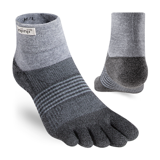 Trail Midweight Mini-Crew - Women by Injinji in grey tones, cushioned toesocks engineered for running and hiking on uneven trails with support and comfort