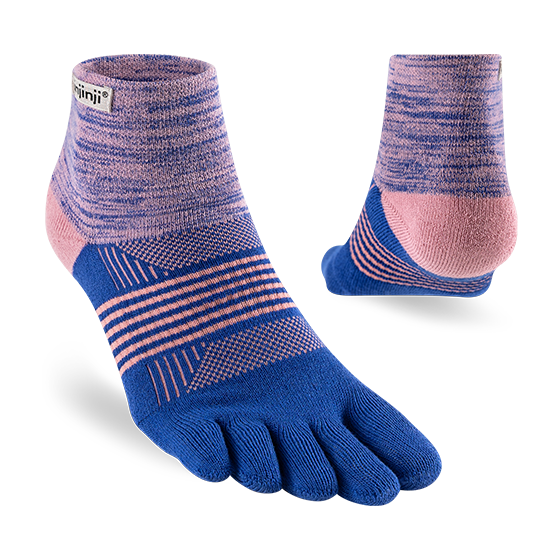 Trail Midweight Mini-Crew - Women by Injinji in blue and pink cushioned toesocks for fast hiking and running on uneven trails with support