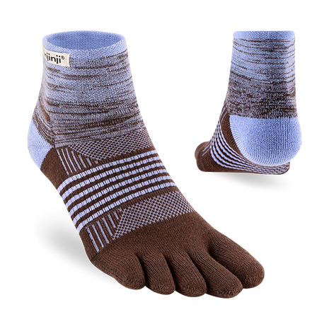Injinji Trail Midweight Mini-Crew women's sock in Periwinkle, side view with a second sock showing the heel