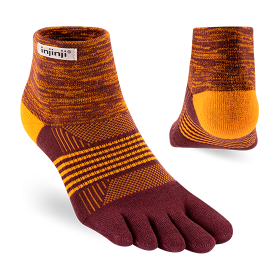 Trail Midweight Mini-Crew - Unisex by Injinji in maroon and orange cushioned toesock for running and hiking on uneven trails with agile support