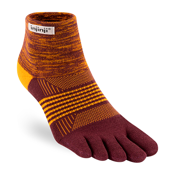 Trail Midweight Mini-Crew - Unisex by Injinji in maroon and orange, cushioned toesock for trail running and hiking on uneven terrain