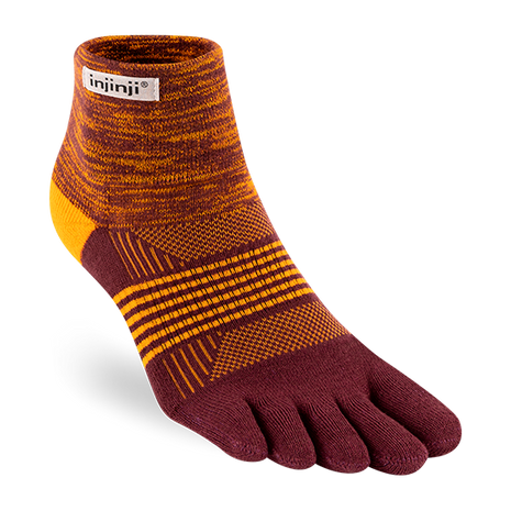 Trail Midweight Mini-Crew - Unisex by Injinji in maroon and orange, cushioned toesock for trail running and hiking on uneven terrain