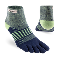 Trail Midweight Mini-Crew - Women by Injinji in navy and green cushioned toesocks for running and hiking on uneven trails with agility and support