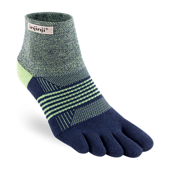 Trail Midweight Mini-Crew - Women by Injinji in blue and green cushioned toesock engineered for running and hiking on uneven trails