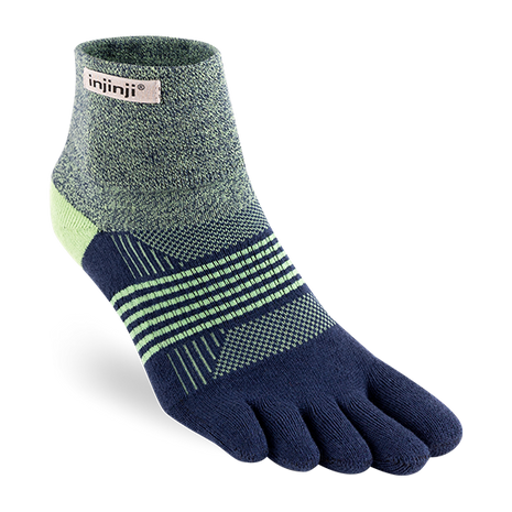 Trail Midweight Mini-Crew - Women by Injinji in blue and green cushioned toesock engineered for running and hiking on uneven trails