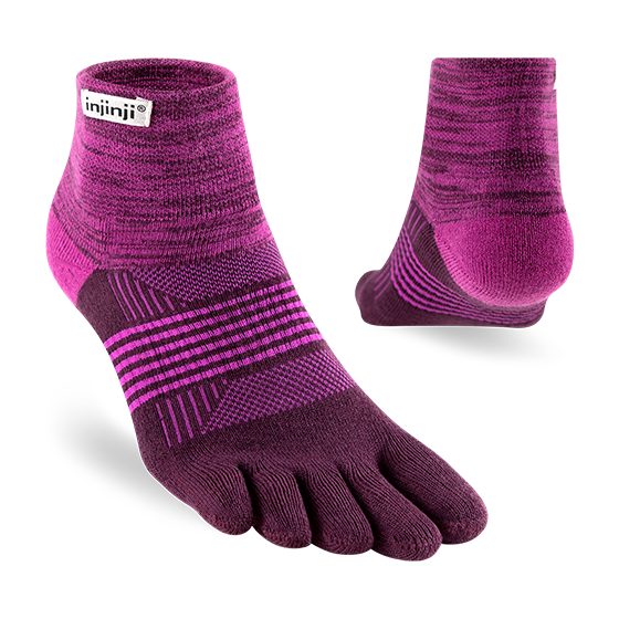 Trail Midweight Mini-Crew - Women by Injinji in purple and pink cushioned toesock designed for running and hiking on uneven trails