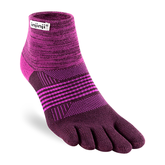 Trail Midweight Mini-Crew - Women by Injinji in purple and magenta cushioned toesock for comfort and support on uneven trails and running