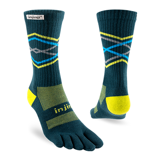 Trail Midweight Crew - Unisex by Injinji in teal and yellow, toesock design reducing friction for long runs and rugged hikes