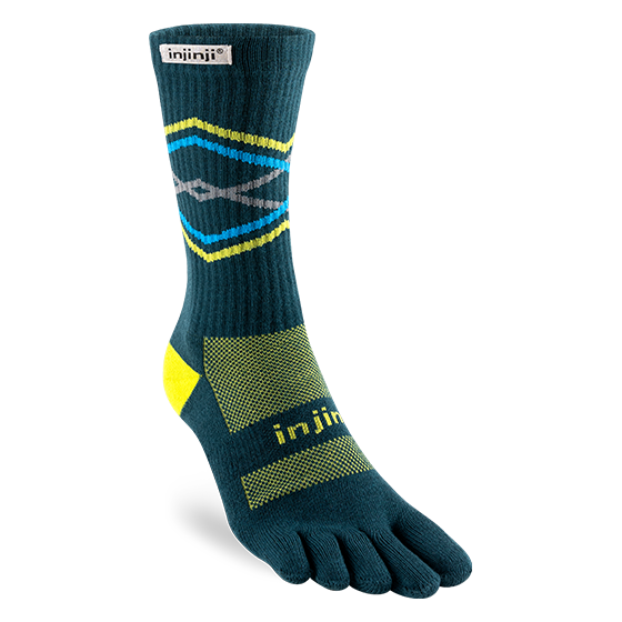 Trail Midweight Crew - Unisex by Injinji in blue and yellow toesock design reducing friction for long runs and rugged hikes