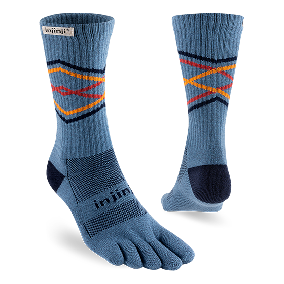 Trail Midweight Crew - Unisex by Injinji in blue with multicolor pattern, toesock design for blister prevention on long runs and hikes