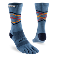 Trail Midweight Crew - Unisex by Injinji in blue with multicolor pattern, toesock design for blister prevention on long runs and hikes
