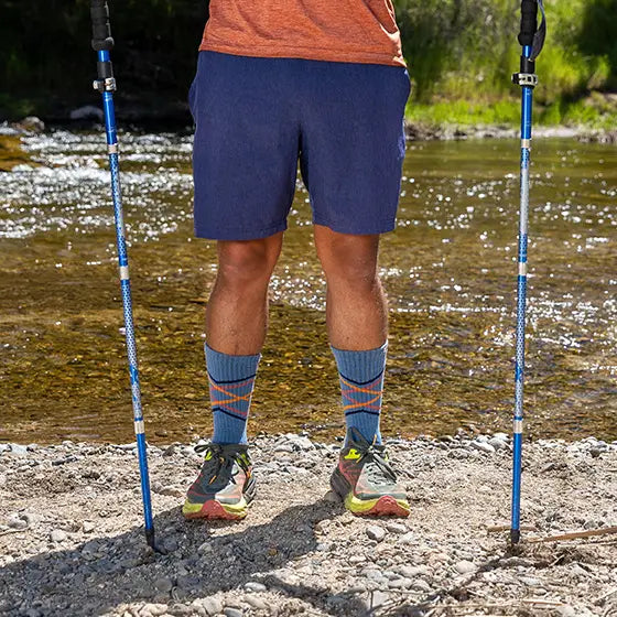 Trail Midweight Crew - Unisex by Injinji in blue and orange toe socks designed for long runs and rugged hikes reducing toe friction and blisters