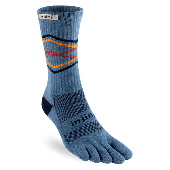 Trail Midweight Crew - Unisex by Injinji in blue with orange and red accents, toesock design for blister prevention on rugged terrain runs and hikes