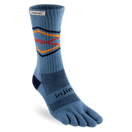 Trail Midweight Crew - Unisex by Injinji in blue with orange and red accents, toesock design for blister prevention on rugged terrain runs and hikes