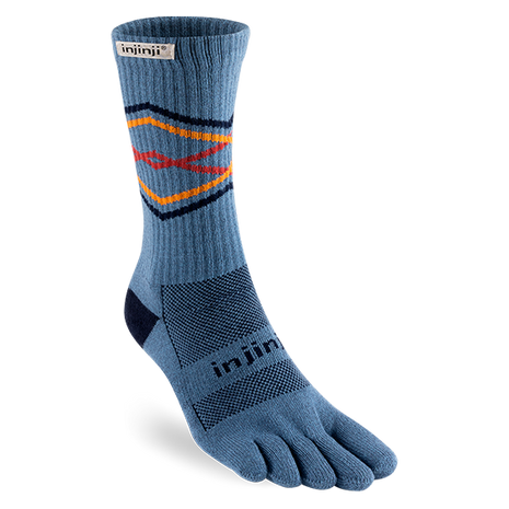 Trail Midweight Crew - Unisex by Injinji in blue with orange and red accents, toesock design for blister prevention on rugged terrain runs and hikes