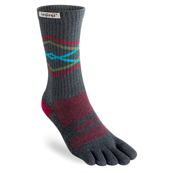Trail Midweight Crew - Unisex by Injinji, dark grey with red and blue, toesock designed to reduce friction and prevent blisters for long runs and hikes