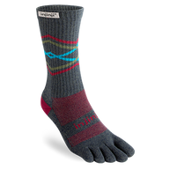 Trail Midweight Crew - Unisex by Injinji, dark grey with red and blue, toesock designed to reduce friction and prevent blisters for long runs and hikes