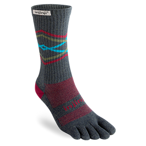 Trail Midweight Crew - Unisex by Injinji, dark grey with red and blue, toesock designed to reduce friction and prevent blisters for long runs and hikes