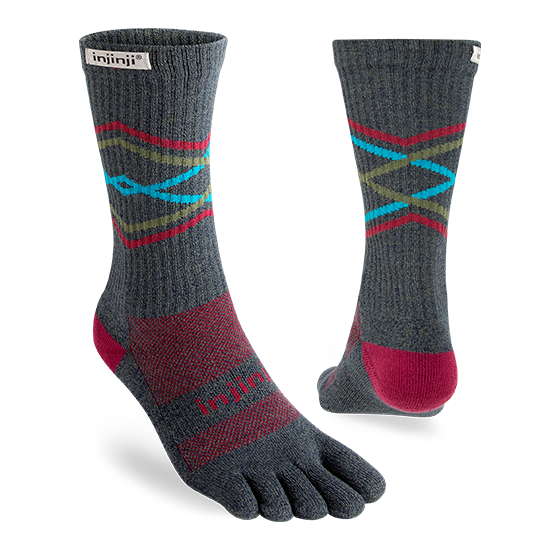 Trail Midweight Crew - Unisex by Injinji in grey with red and blue toesock design, ideal for long runs and rugged hikes preventing blisters
